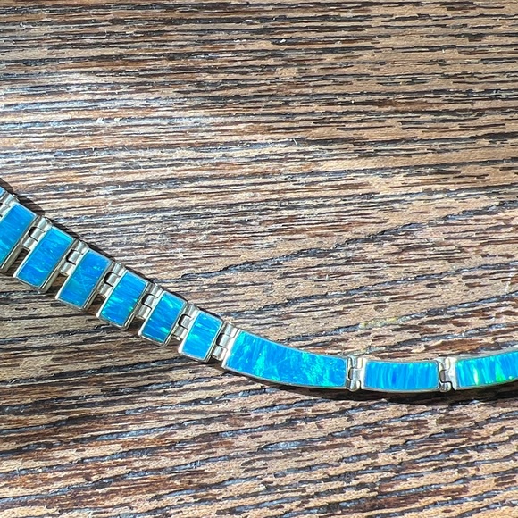 Vintage Mexico Blue Opal collar necklace & 925 blue opal hinged bracelet - Picture 6 of 13